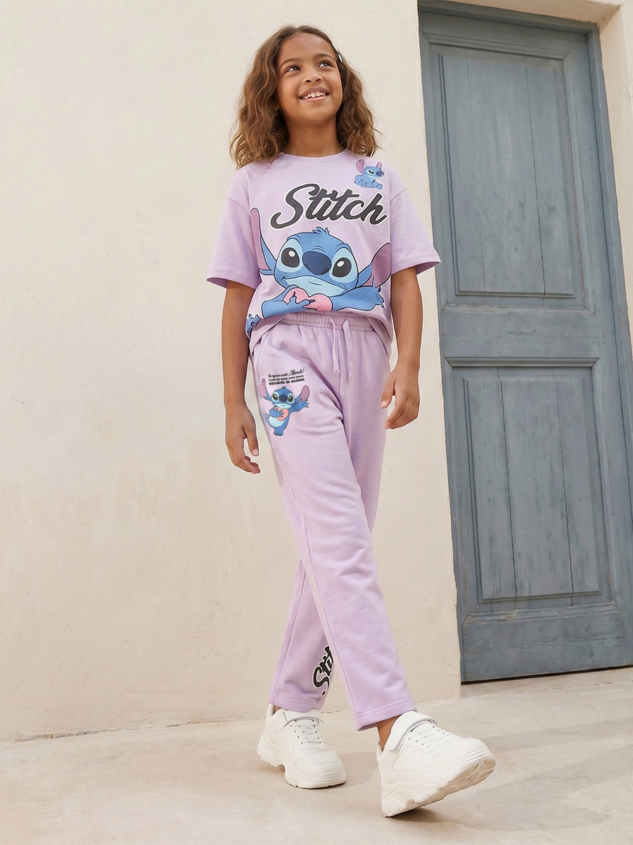 Elasticated Drawstring Waistband Track Pants with Stitch Print