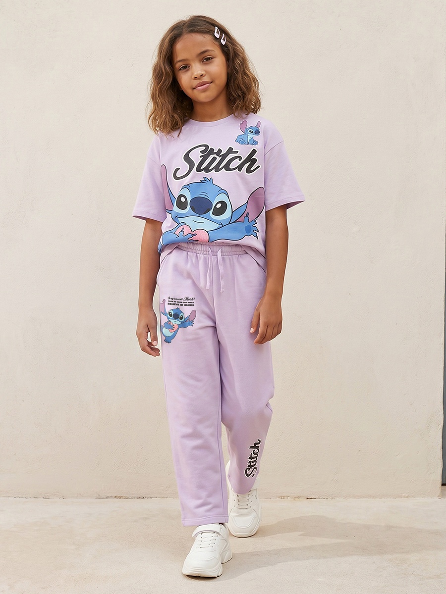 Elasticated Drawstring Waistband Track Pants with Stitch Print