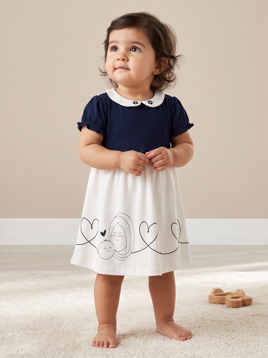 Peter Pan Collar Short Sleeves Knee Length Dress with Embroidery