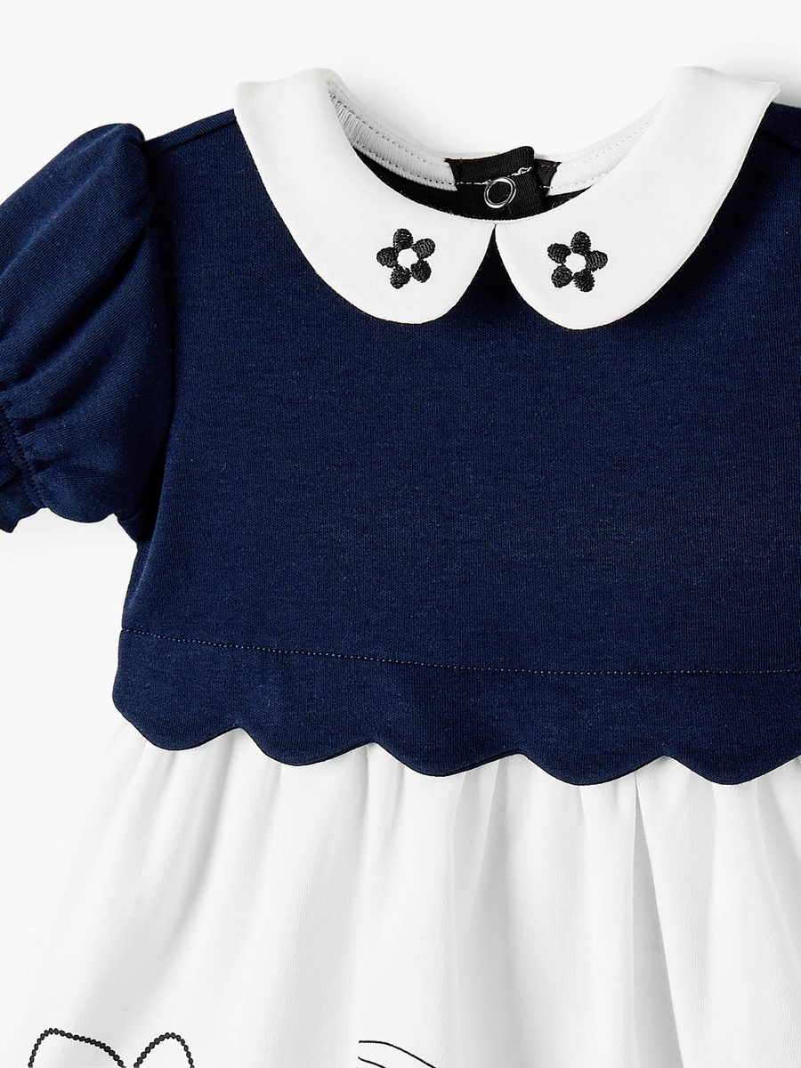 Peter Pan Collar Short Sleeves Knee Length Dress with Embroidery