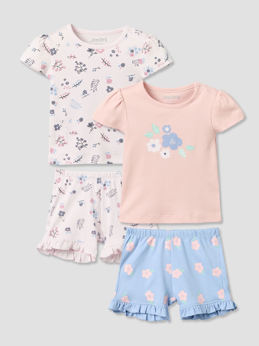 Pack of 2 Round Neck Short Sleeves T-Shirt and Shorts Set with Floral Print