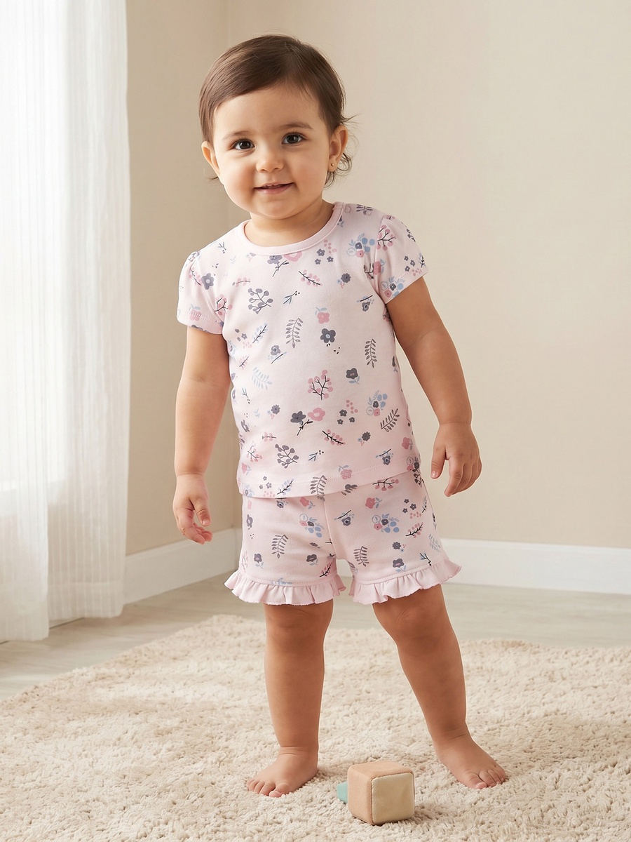 Pack of 2 Round Neck Short Sleeves T-Shirt and Shorts Set with Floral Print