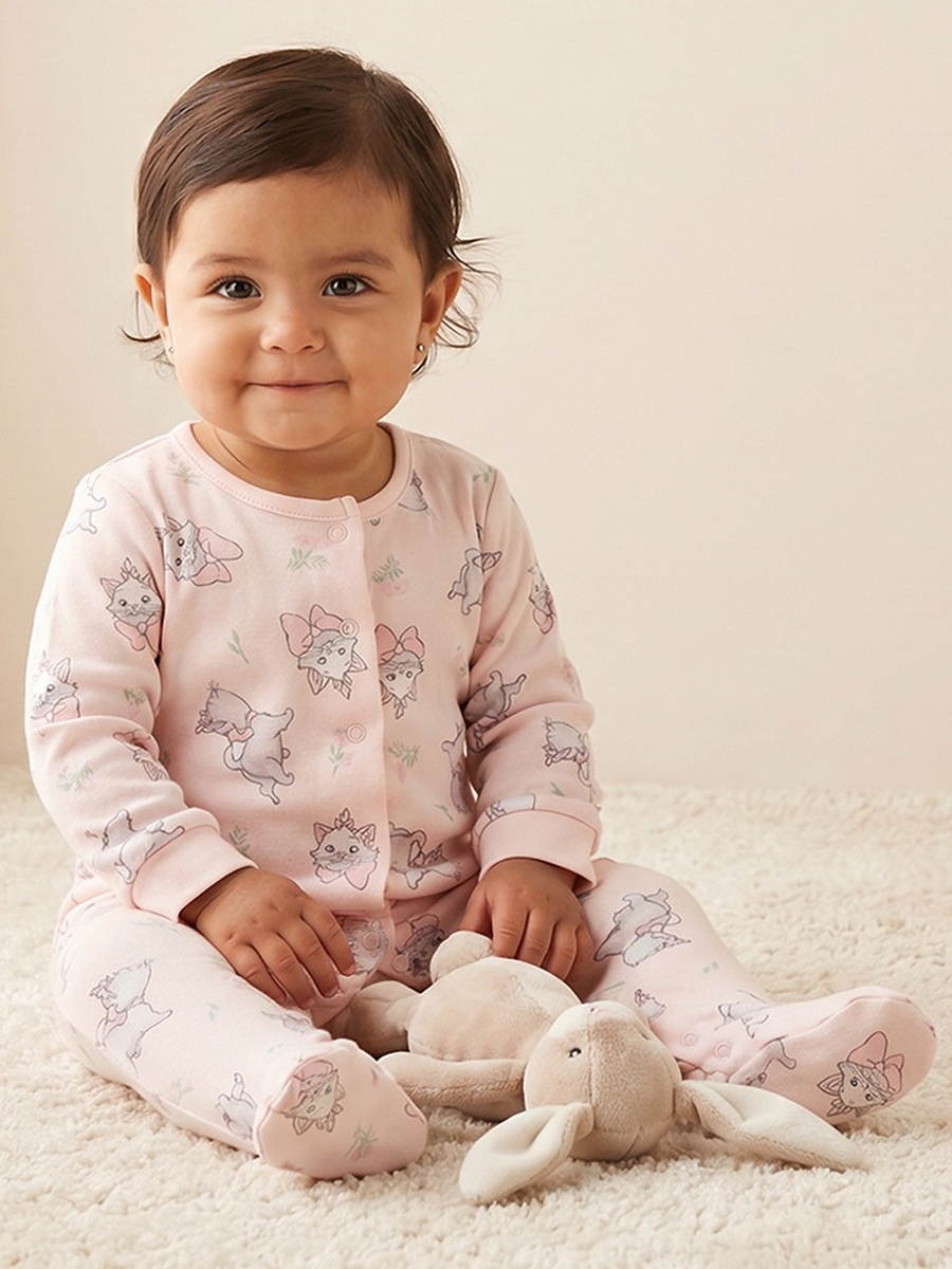 Cotton Crew Neck Long Sleeves Sleepsuit with Marie Print