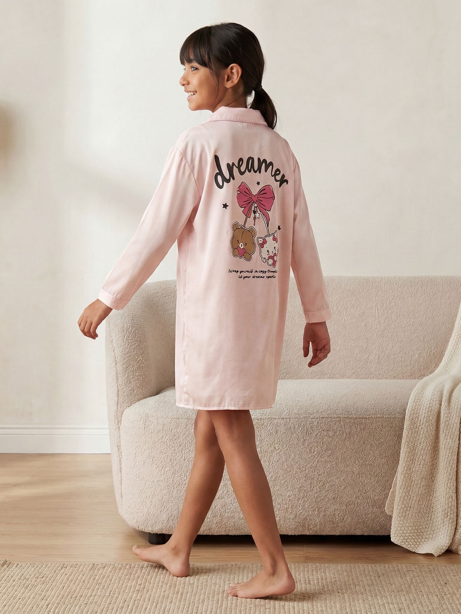 Cotton Collared Long Sleeves Sleepshirt with Graphic Print
