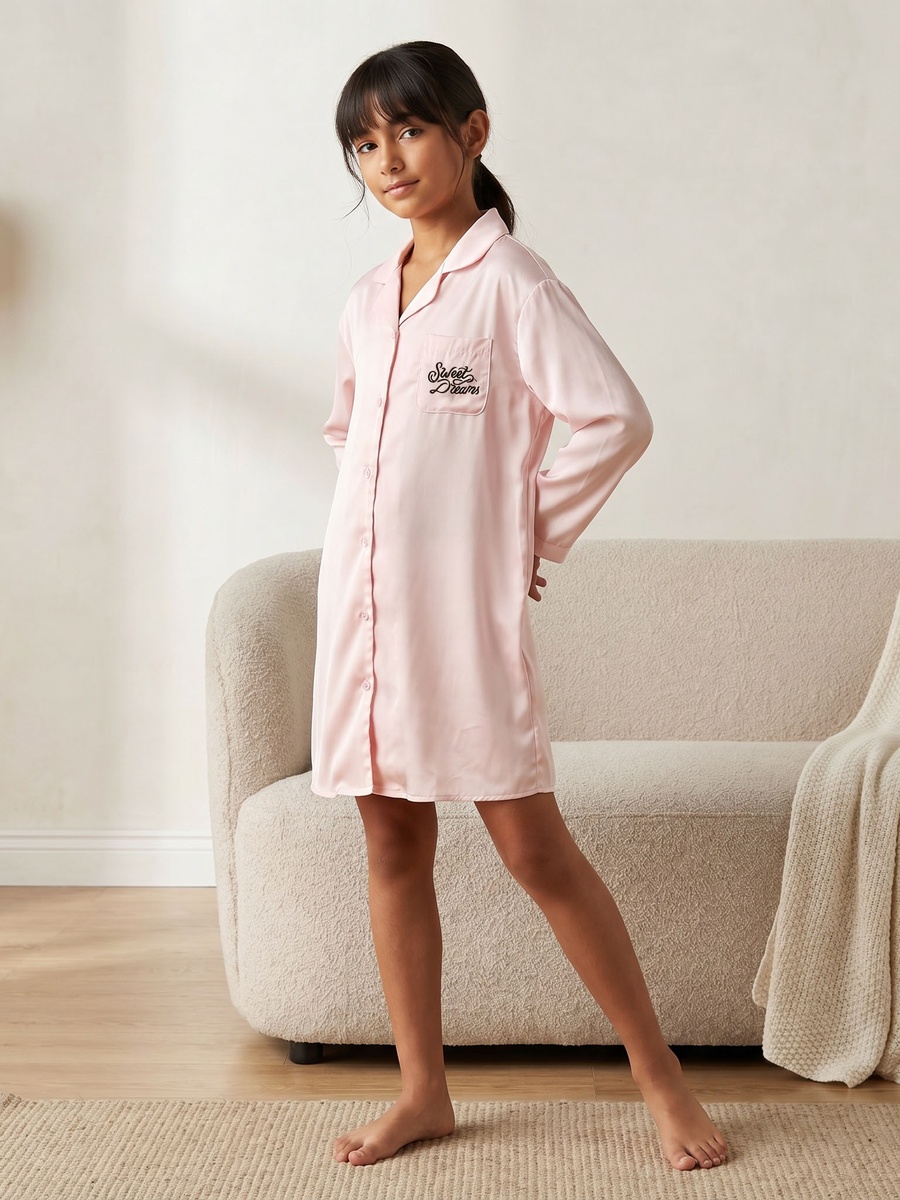 Cotton Collared Long Sleeves Sleepshirt with Graphic Print