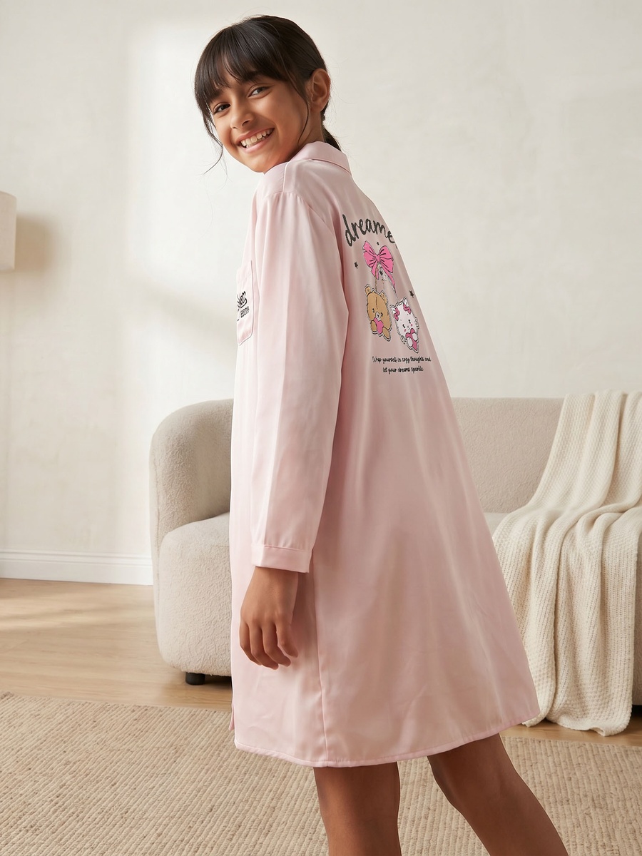 Cotton Collared Long Sleeves Sleepshirt with Graphic Print