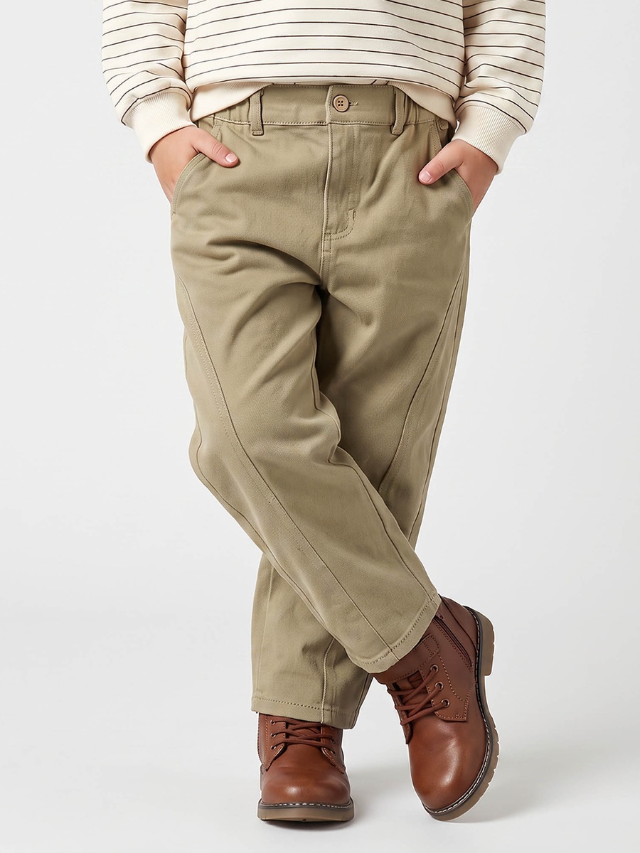 Straight Fit Trousers with Panelled Design, Button Waist
