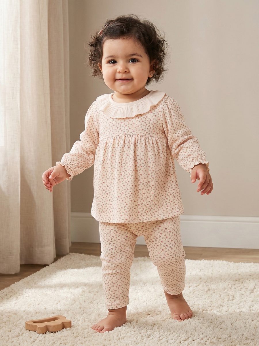 Cotton Round Long Sleeves Pyjama Set with Floral Print