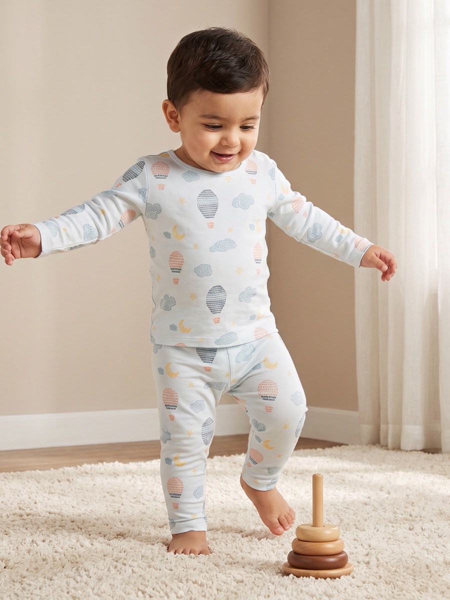 Cotton Crew Neck Long Sleeves Pyjama Set with Hot Air Balloon Print