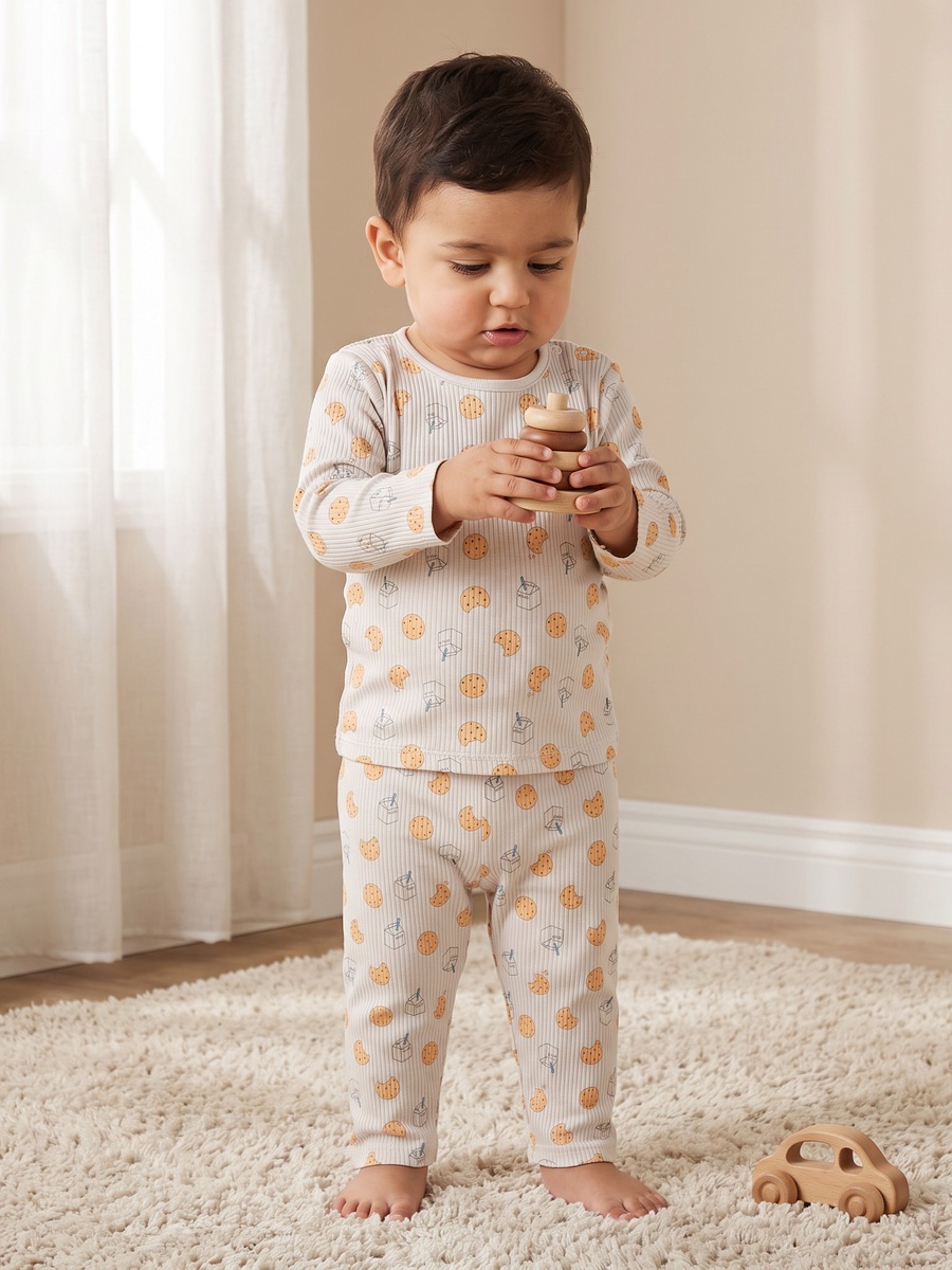 Cotton Crew Neck Long Sleeves Pyjama Set with Milk and Cookie Print