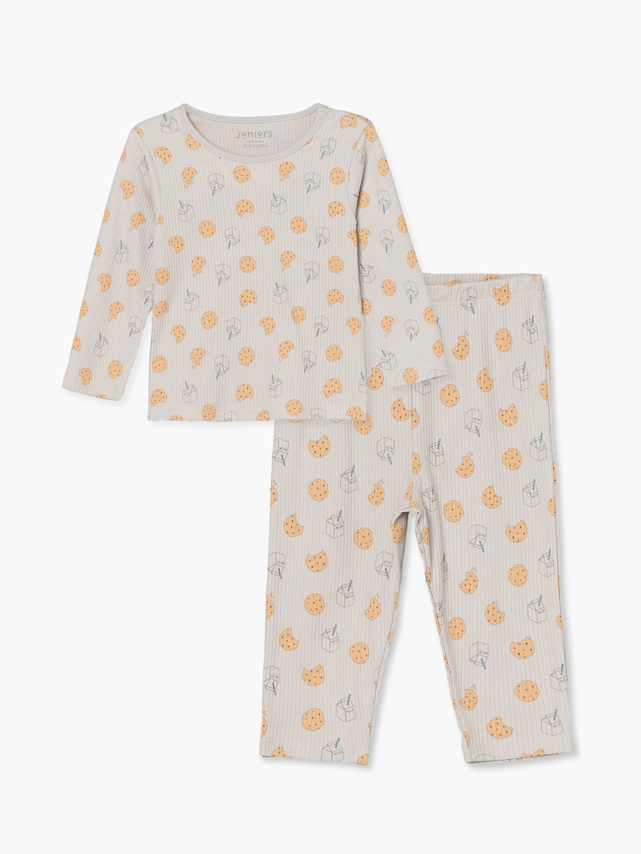 Cotton Crew Neck Long Sleeves Pyjama Set with Milk and Cookie Print