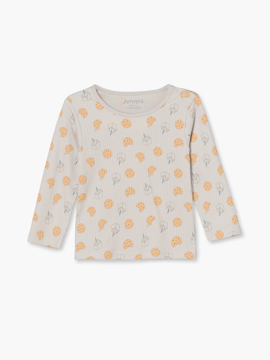 Cotton Crew Neck Long Sleeves Pyjama Set with Milk and Cookie Print