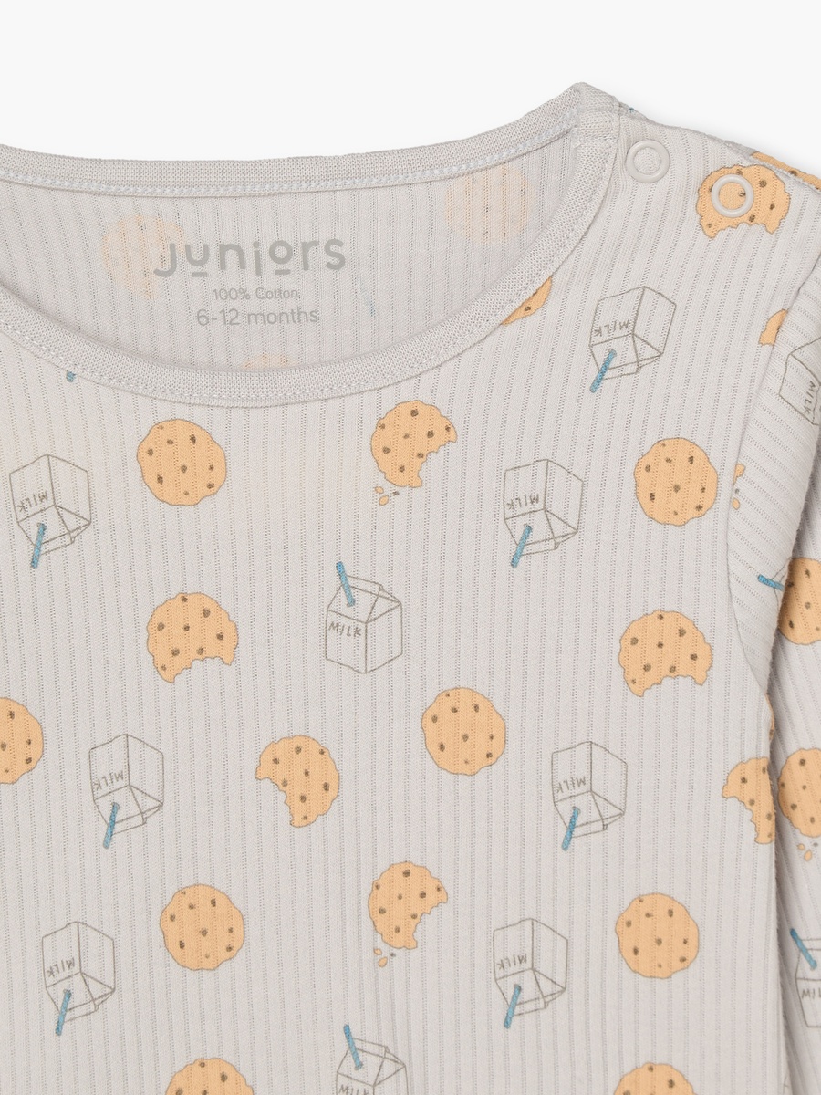 Cotton Crew Neck Long Sleeves Pyjama Set with Milk and Cookie Print
