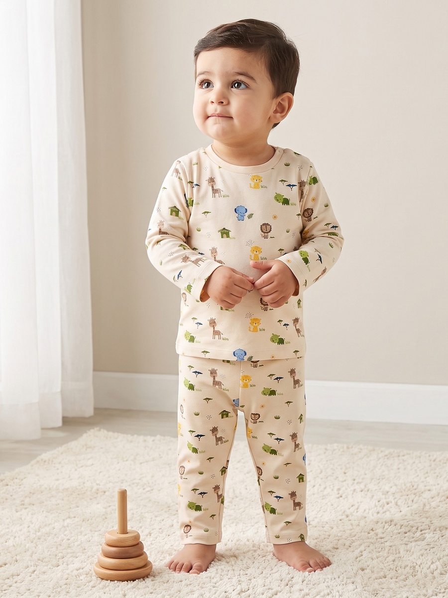 Cotton Crew Neck Long Sleeves Pyjama Set with Safari Print