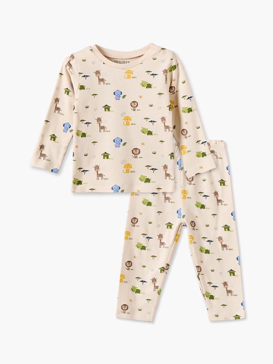 Cotton Crew Neck Long Sleeves Pyjama Set with Safari Print