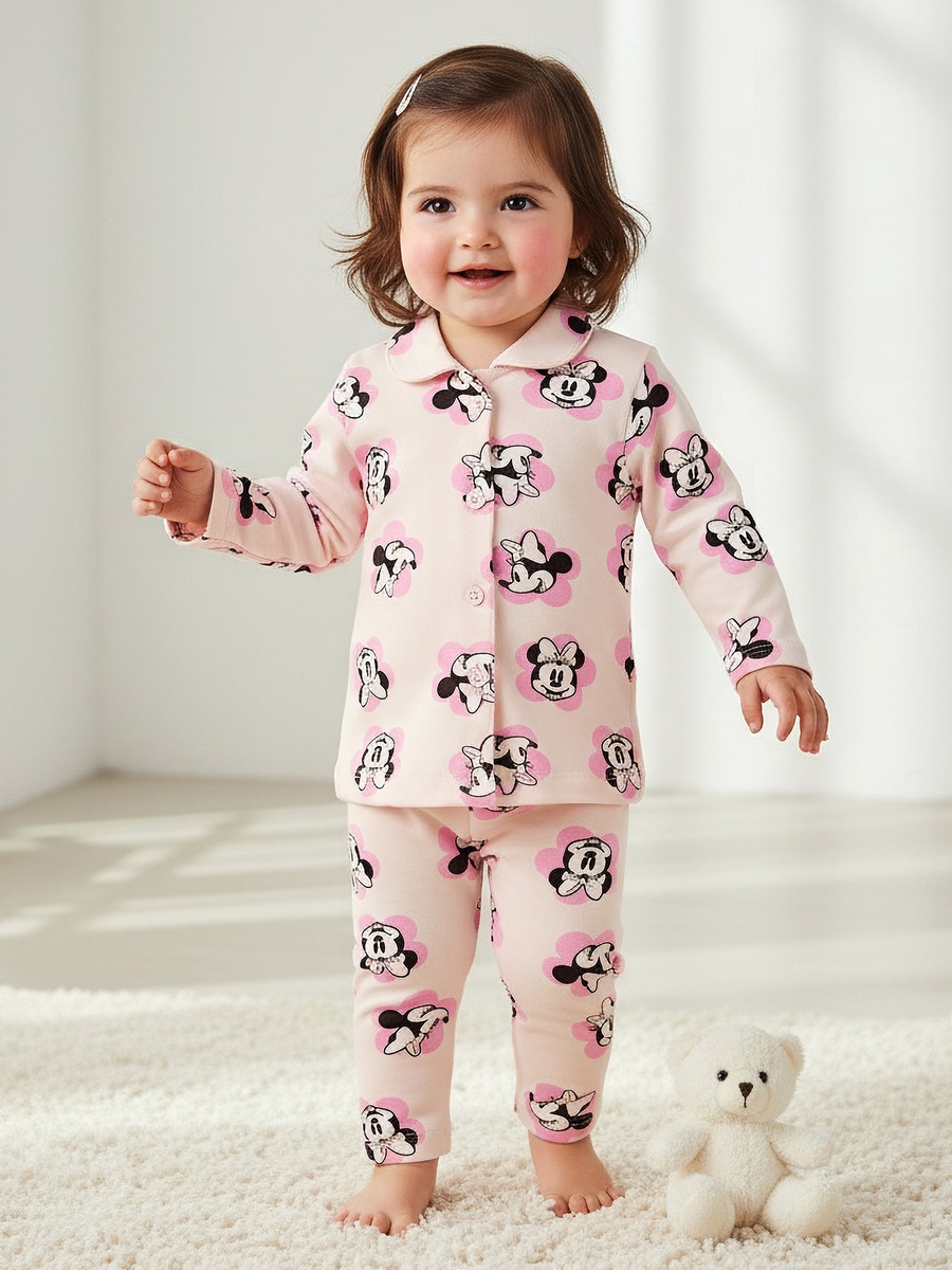 Cotton Collared Long Sleeves Pyjama Set with Minnie Mouse Print