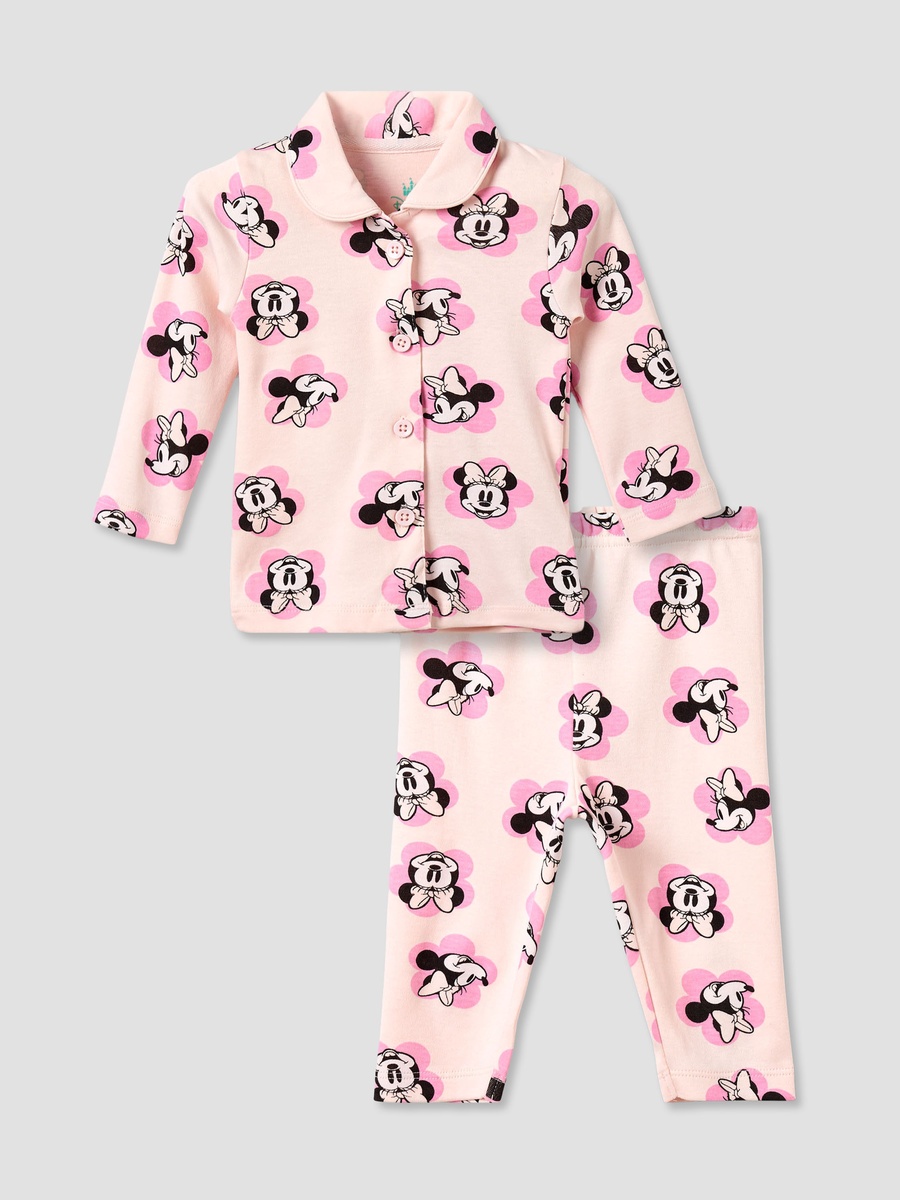Cotton Collared Long Sleeves Pyjama Set with Minnie Mouse Print