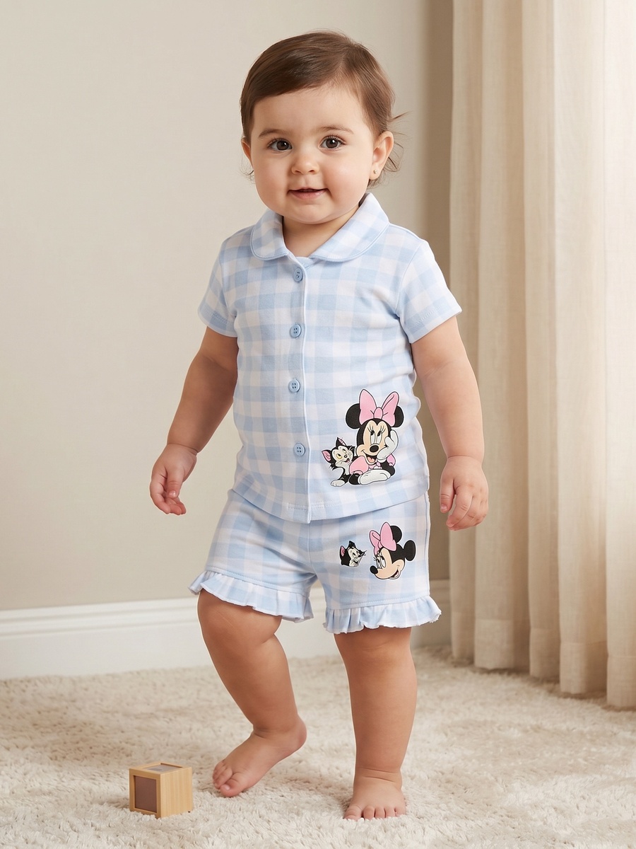 Collared Short Sleeves Shirt and Shorts Set with Minnie Mouse Print