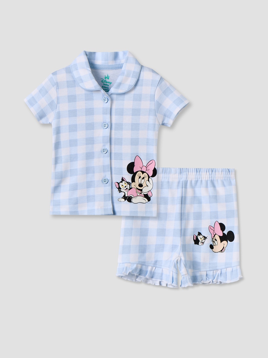 Collared Short Sleeves Shirt and Shorts Set with Minnie Mouse Print
