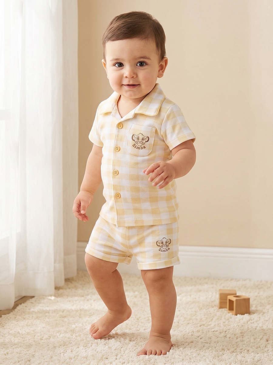 Collared Short Sleeves Shirt and Shorts Set with Simba Print