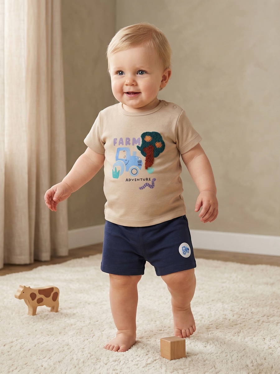 Crew Neck Short Sleeves T-Shirt and Shorts Set with Farm Print