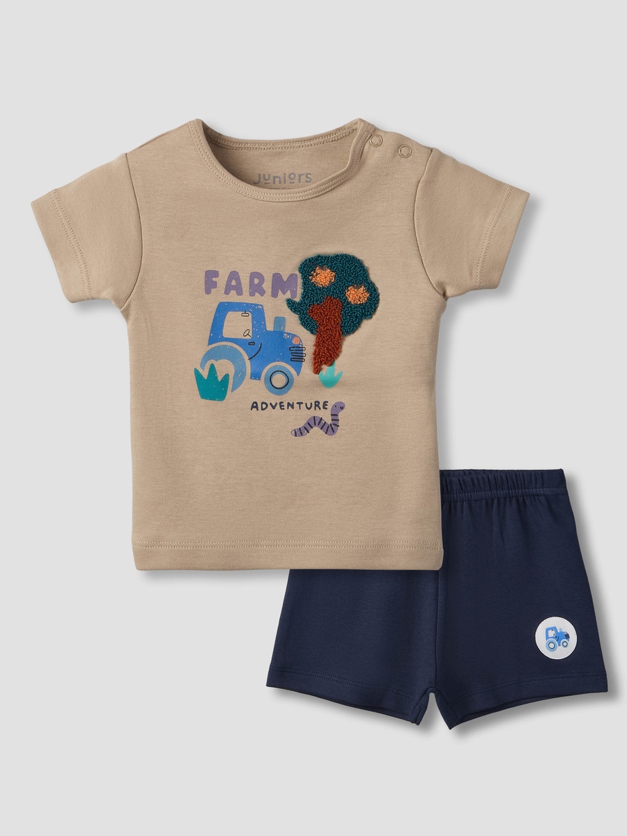 Crew Neck Short Sleeves T-Shirt and Shorts Set with Farm Print
