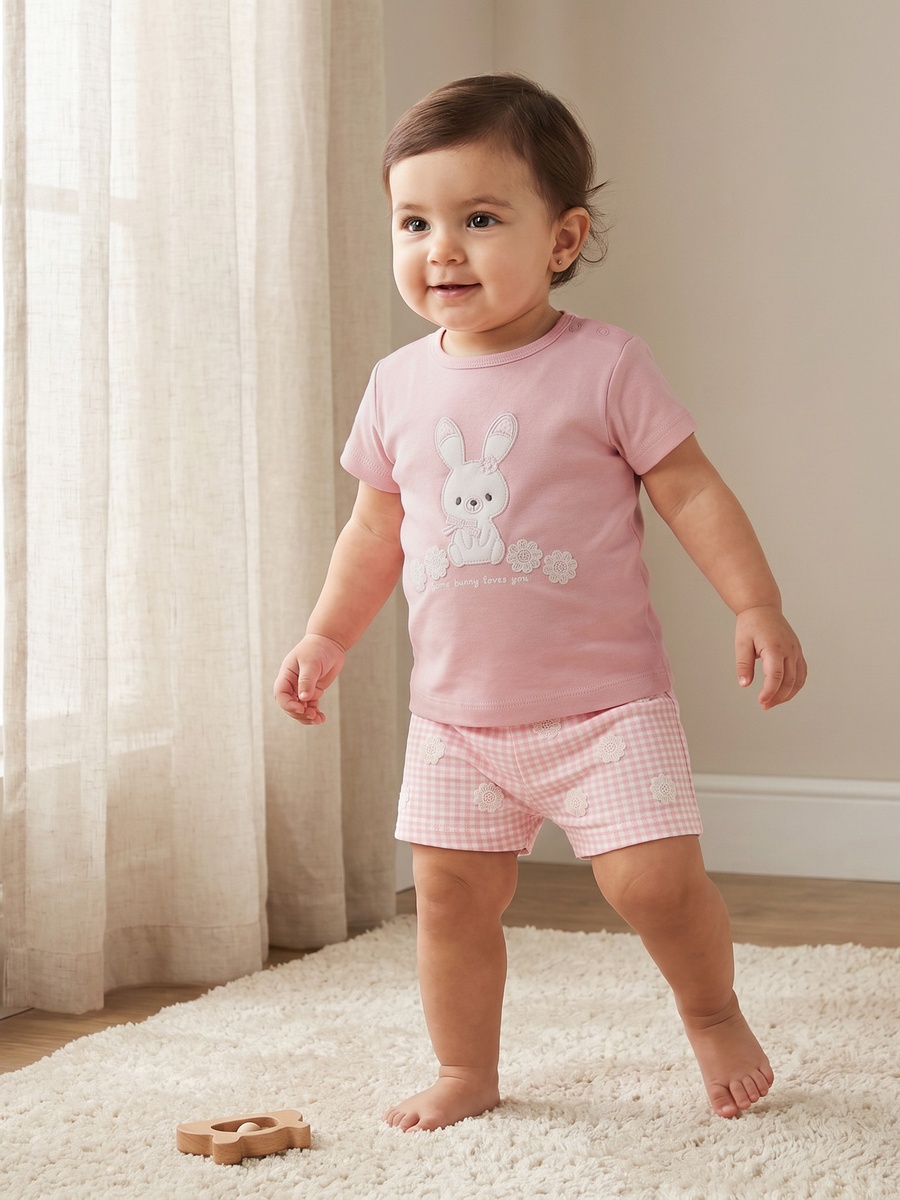 Crew Neck Short Sleeves T-Shirt and Shorts Set with Bunny Applique