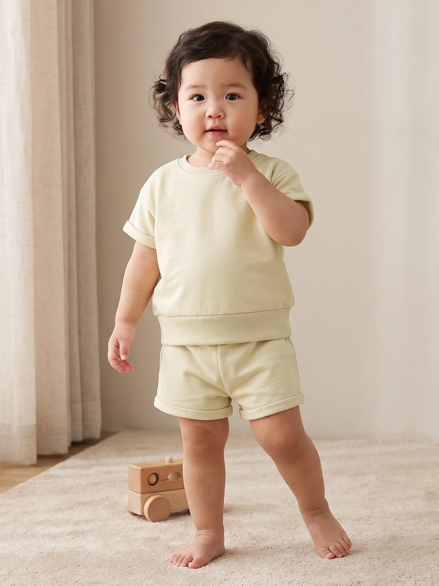 Crew Neck Short Sleeves Sweatshirt and Shorts Set with Turn-Up Hem