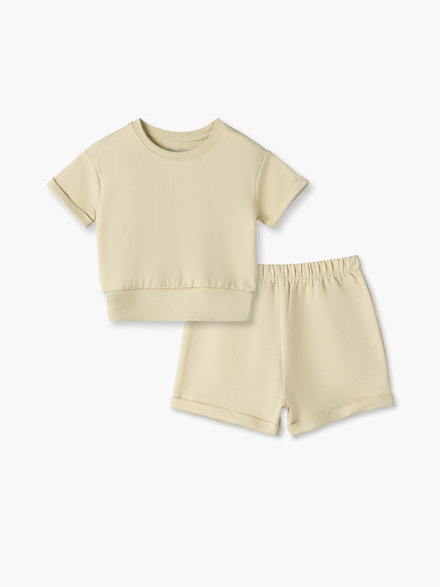 Crew Neck Short Sleeves Sweatshirt and Shorts Set with Turn-Up Hem