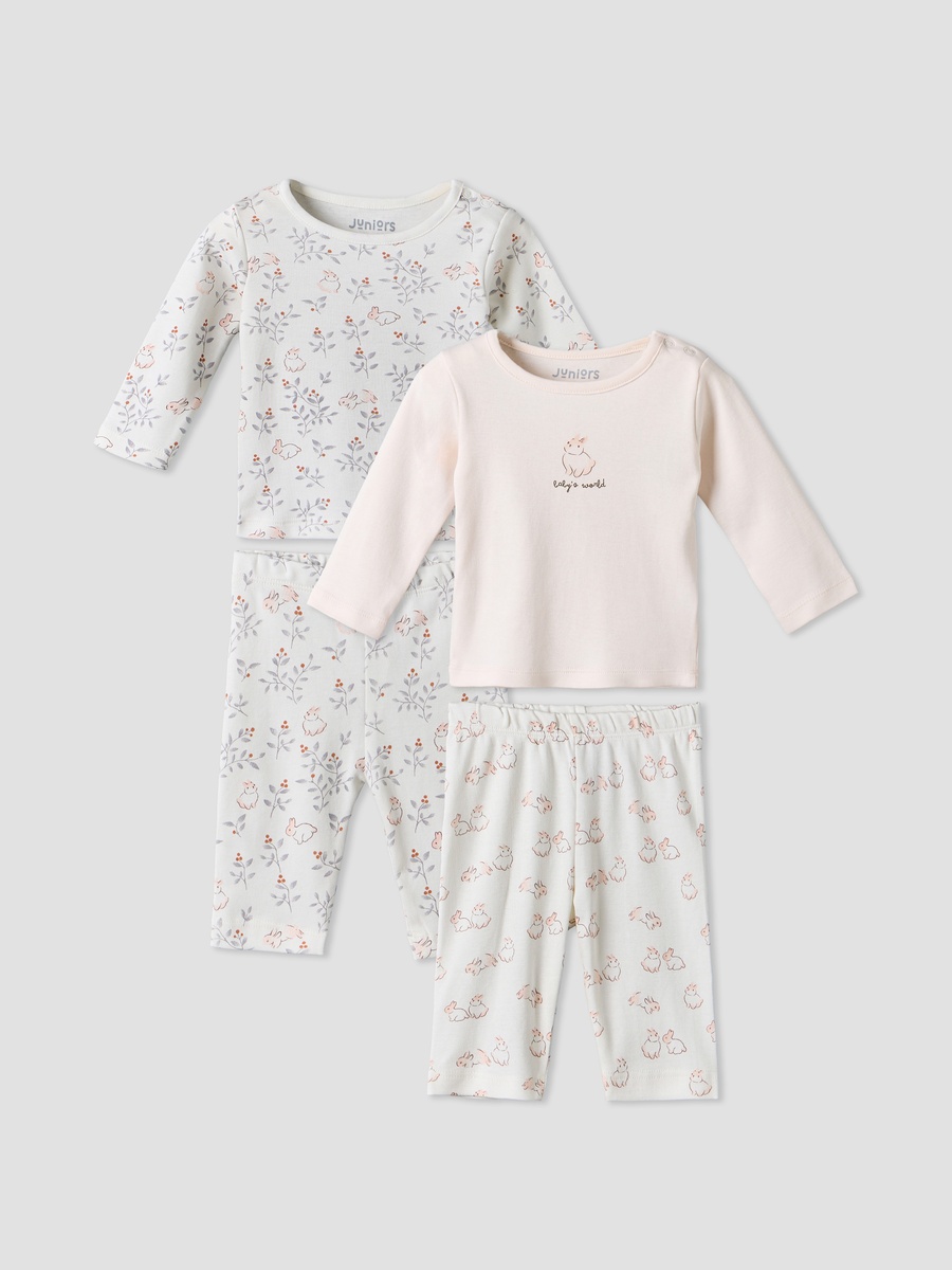 Pack of 2 Cotton Round Neck Long Sleeves Pyjama Set with Bunny Print