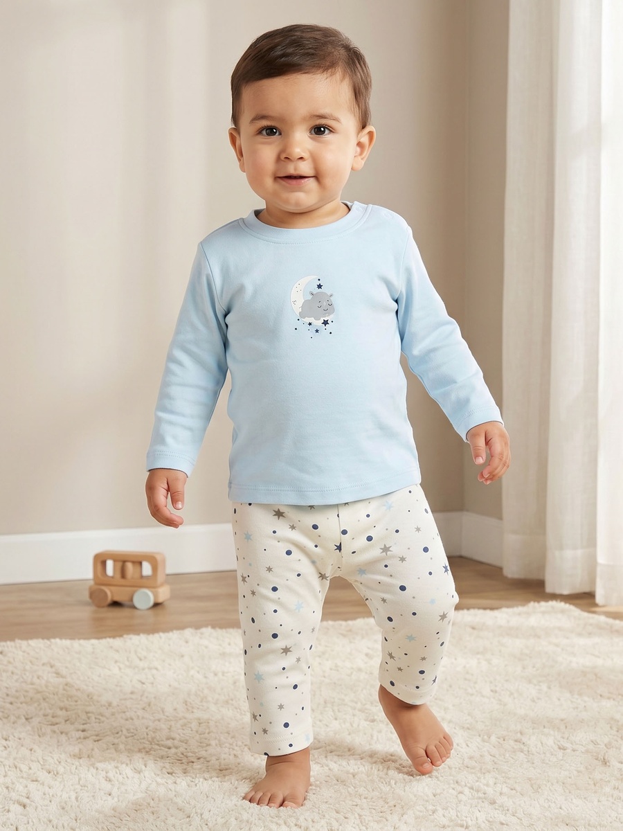 Cotton Crew Neck Long Sleeves Pyjama Set with Celestial Print