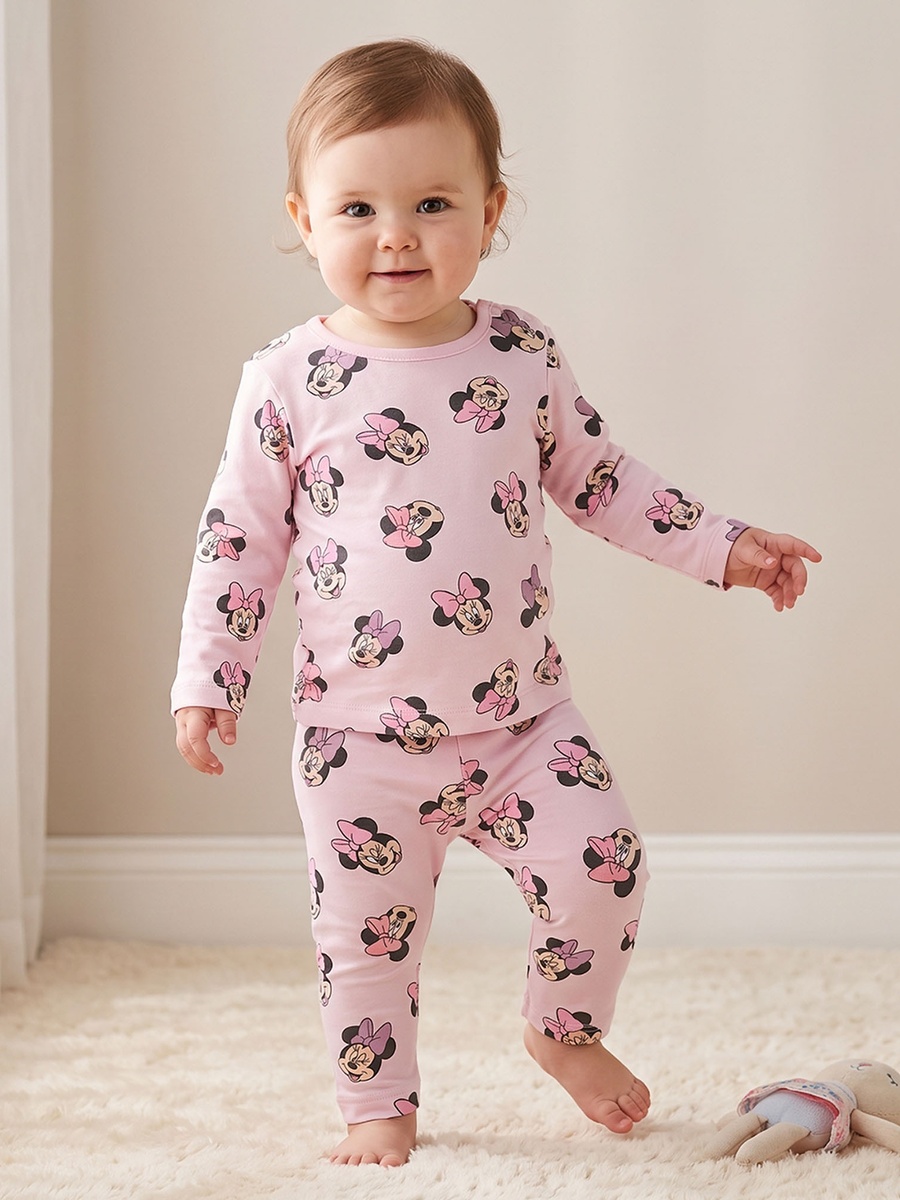 Cotton Crew Neck Long Sleeves Pyjama Set with Minnie Mouse Print