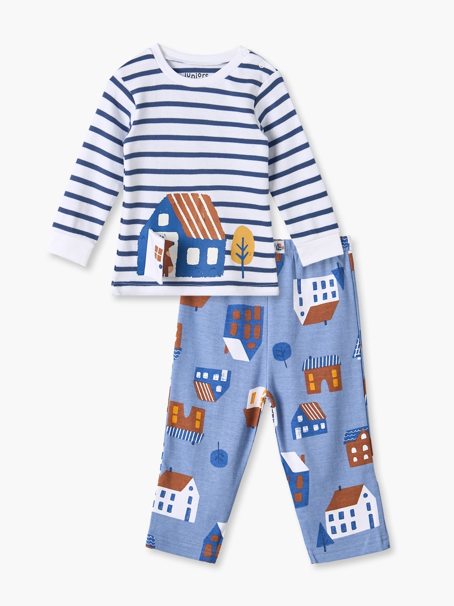Cotton Crew Neck Long Sleeves Pyjama Set with Home Print