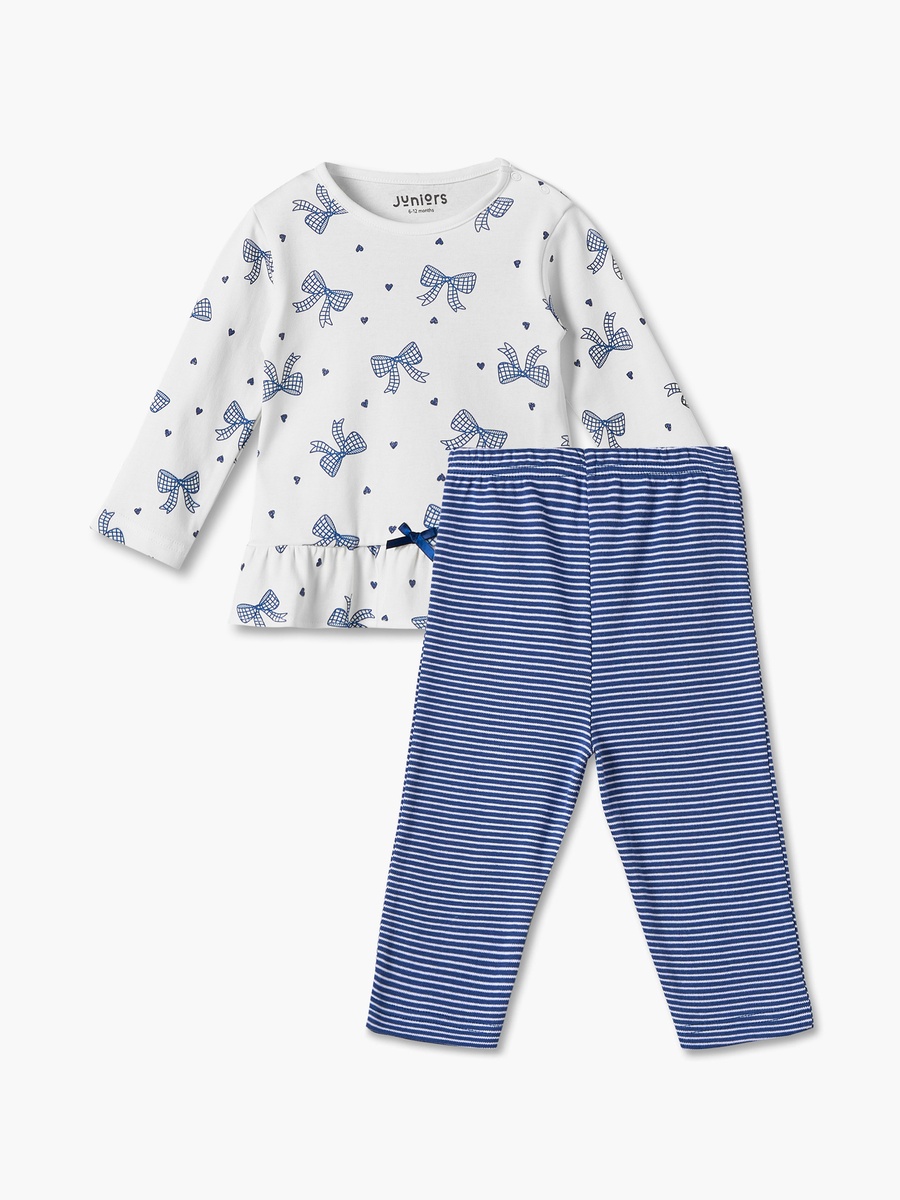 Cotton Crew Neck Long Sleeves Pyjama Set with Bow Print