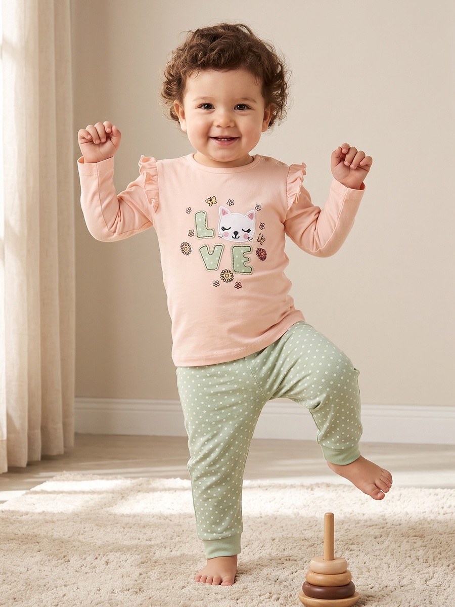 Cotton Crew Neck Long Sleeves Pyjama Set with Cat Applique