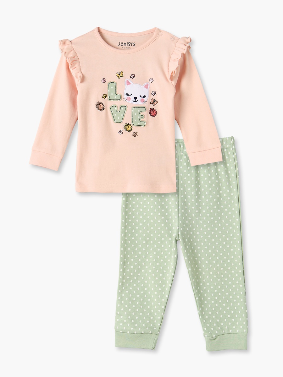 Cotton Crew Neck Long Sleeves Pyjama Set with Cat Applique