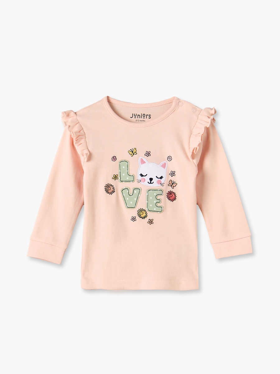 Cotton Crew Neck Long Sleeves Pyjama Set with Cat Applique