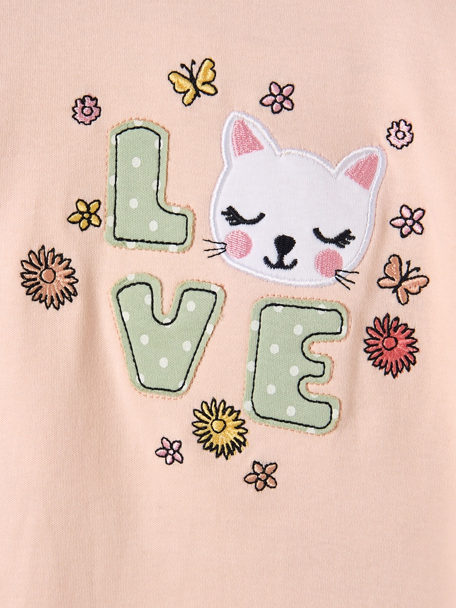 Cotton Crew Neck Long Sleeves Pyjama Set with Cat Applique
