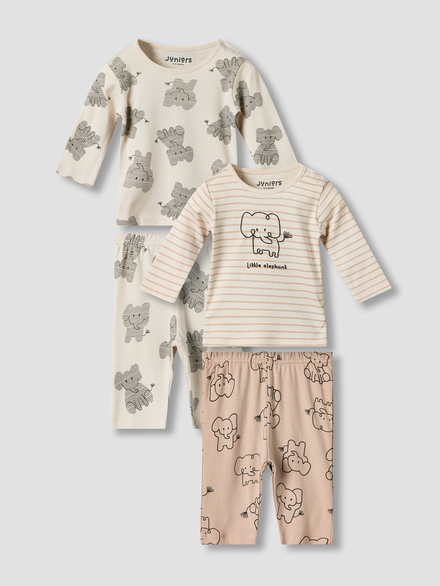 Pack of 2 Cotton Round Neck Long Sleeves Pyjama Set with Elephant Print
