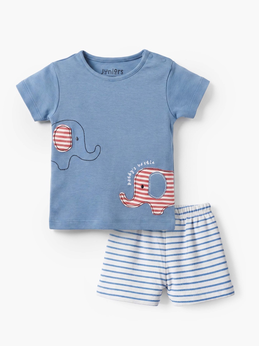 Cotton Round Neck Short Sleeves Shorts Set with Elephant Applique
