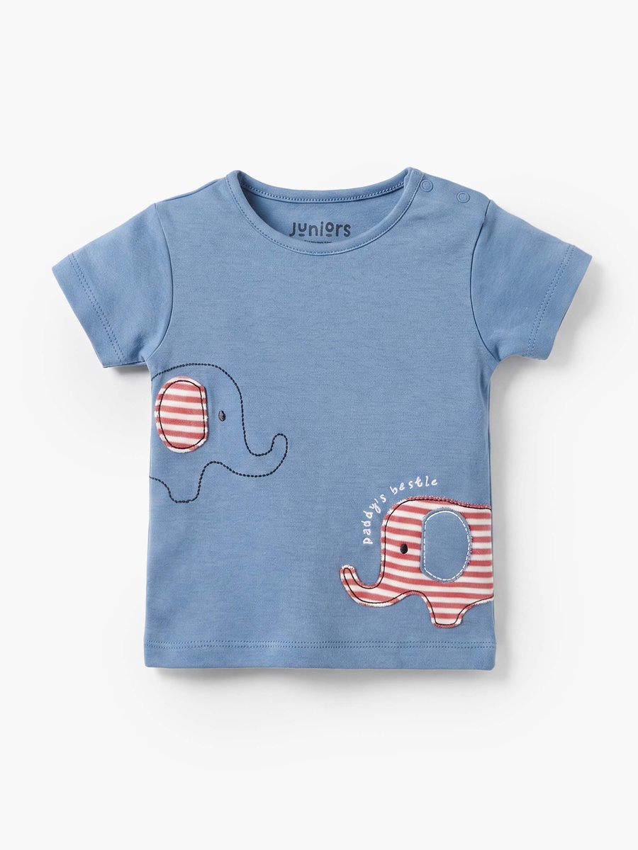 Cotton Round Neck Short Sleeves Shorts Set with Elephant Applique