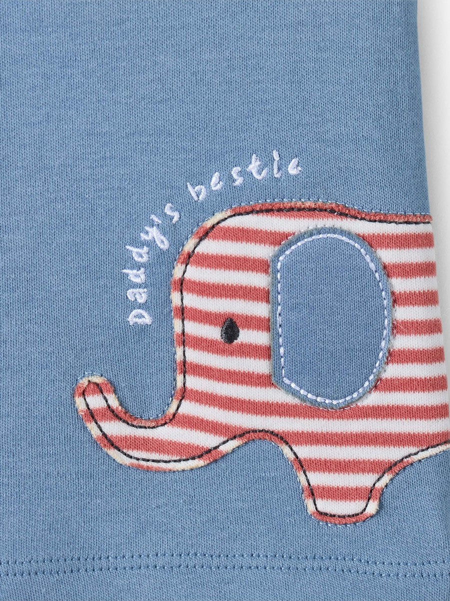 Cotton Round Neck Short Sleeves Shorts Set with Elephant Applique