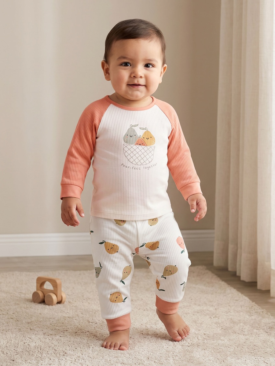 Cotton Round Neck Long Sleeves Pyjama Set with Fruit Print