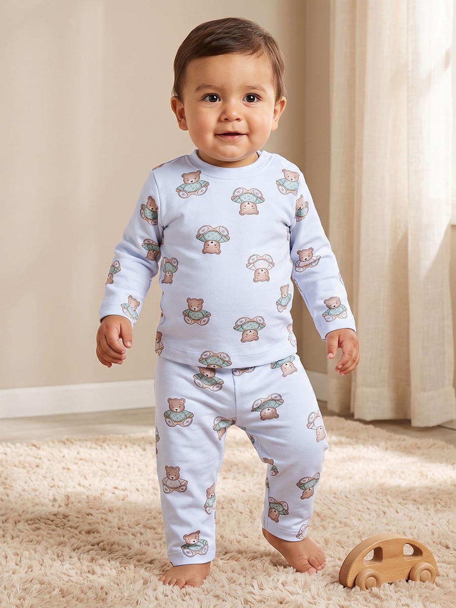 Cotton Crew Neck Long Sleeves Pyjama Set with Teddy Bear Print