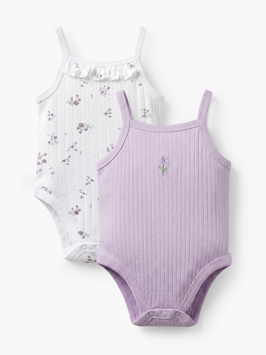 Pack of 2 Cotton Square Neck Sleeveless Bodysuit with Floral Print