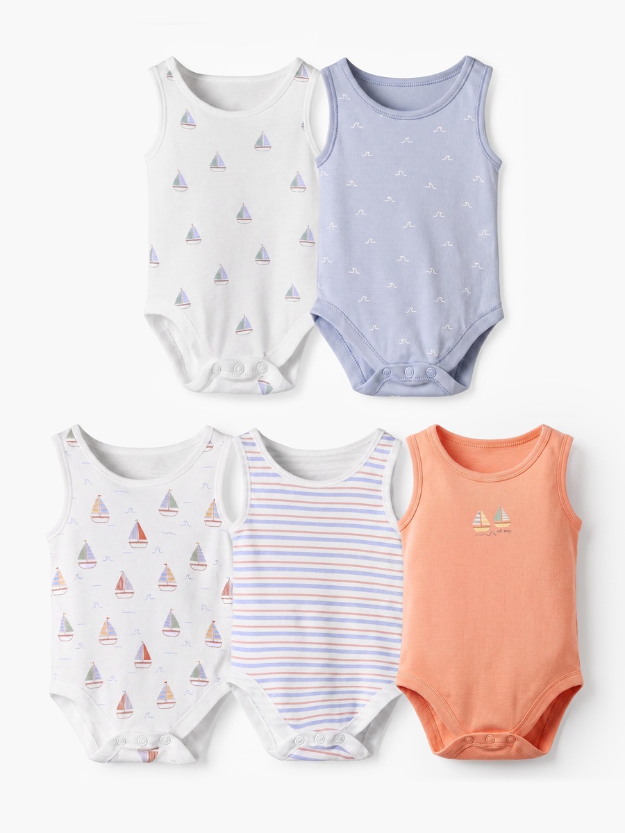 Pack of 5 Crew Neck Sleeveless Bodysuit with Nautical Print
