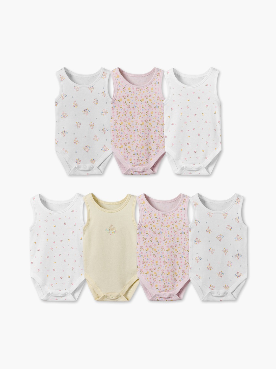 Pack of 7 Cotton Crew Neck Sleeveless Bodysuit with Snap Button Closure