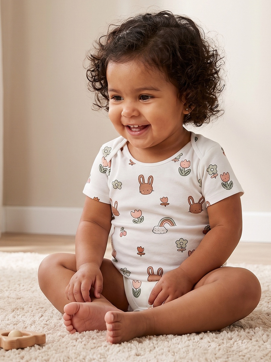 Pack of 3 Cotton Crew Neck Short Sleeves Bodysuit with Bunny Print