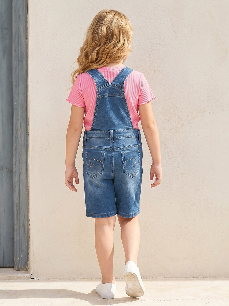 Round Neck Short Sleeves Dungaree with Denim Design