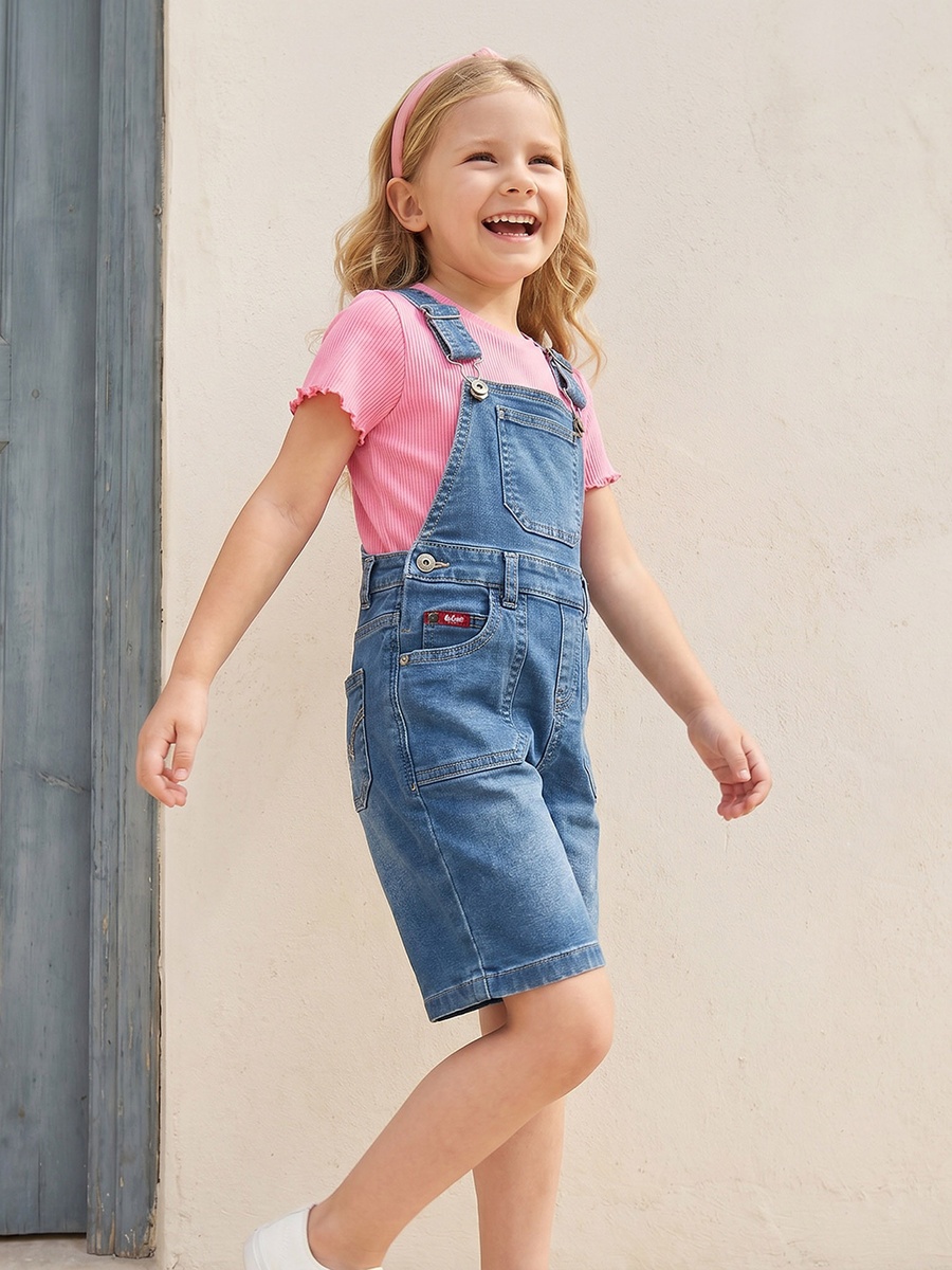 Round Neck Short Sleeves Dungaree with Denim Design